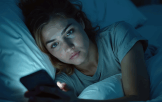 Women in bed looking at phone screen, screen time and sleep